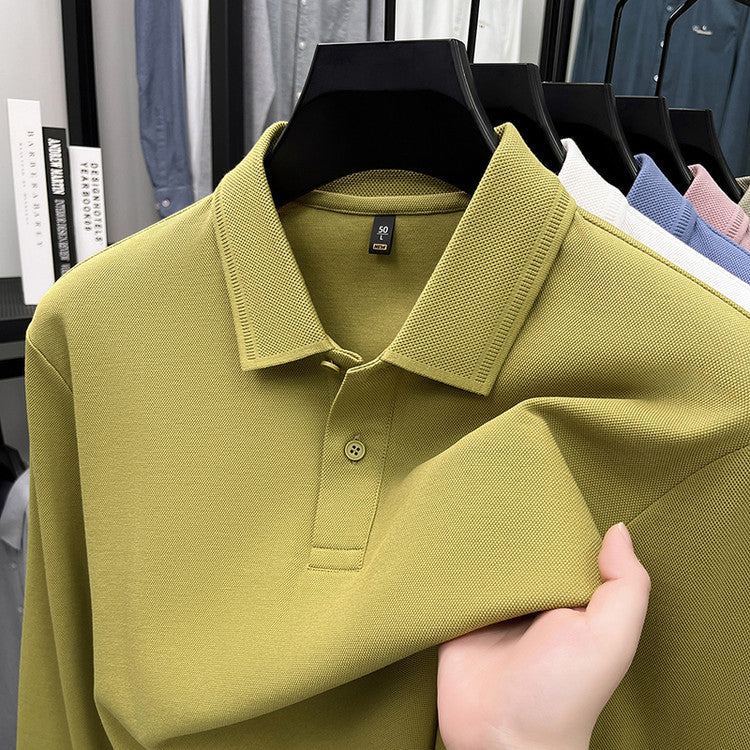 Mercerized Cotton Long-sleeved Polo Shirt Men's Spring And Autumn Casual Clothing For Middle-aged Dad Breathable Bottoming