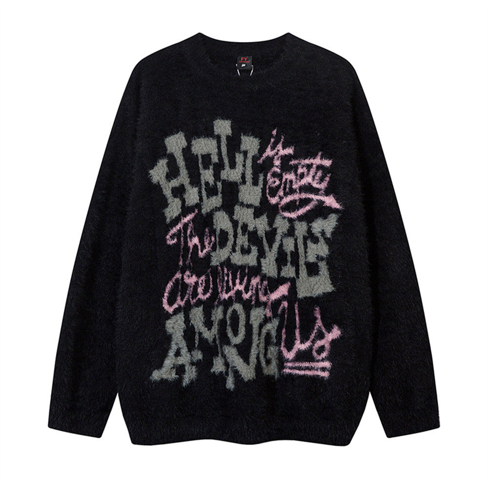 Gothic Letter Jacquard Pullover Sweater Men