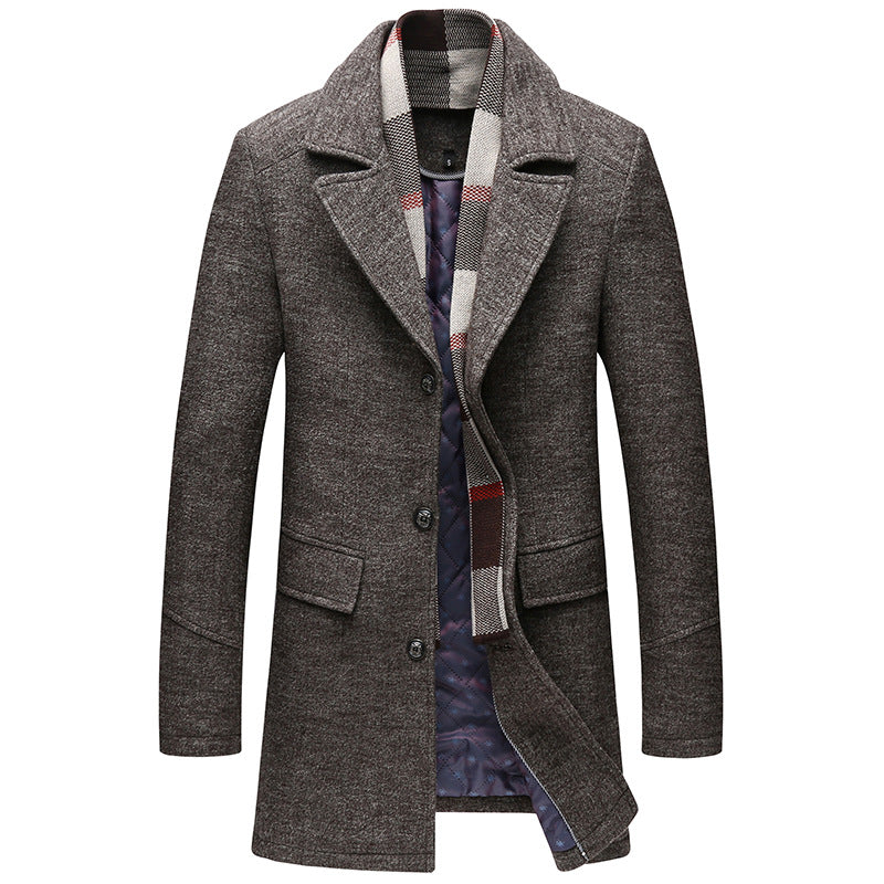 Men Casual Woolen trench Coat With Scarf