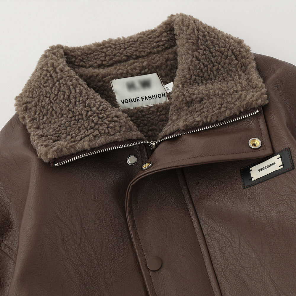 American Retro Autumn And Winter Men's Wear Loose And Warm PU Leather Jacket