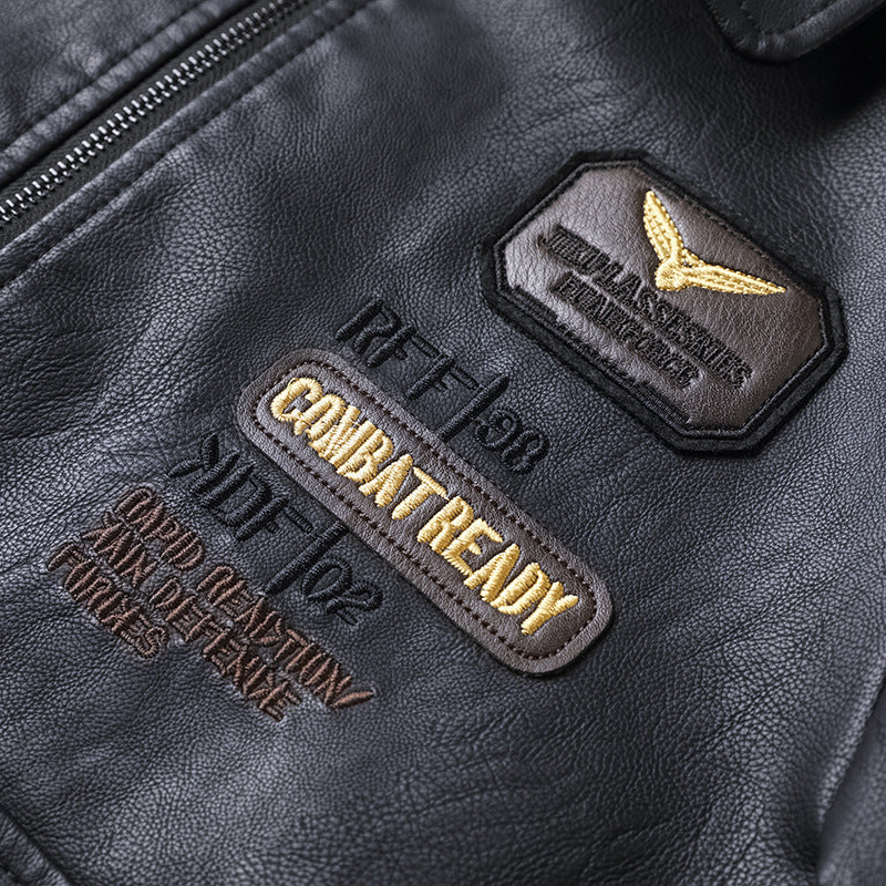 Men's Leather Jacket With Lapel PU Embroidered