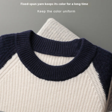Woolen Sweater Men's Color-block Crew Neck Ingot Needle Thickened Knitting Wool Base