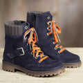 Woolen Ankle Boots With Round Toe Front Lace-up Side Zip