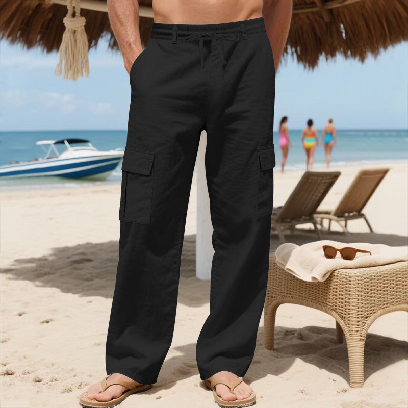 Men's Workwear Linen Drawstring Pants With Multiple Pockets And Straight Leg