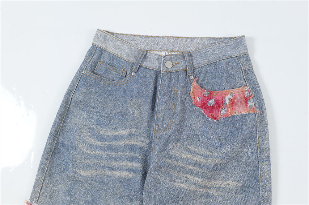 Design Color Matching Lace Denim Straight-leg Trousers Fashion