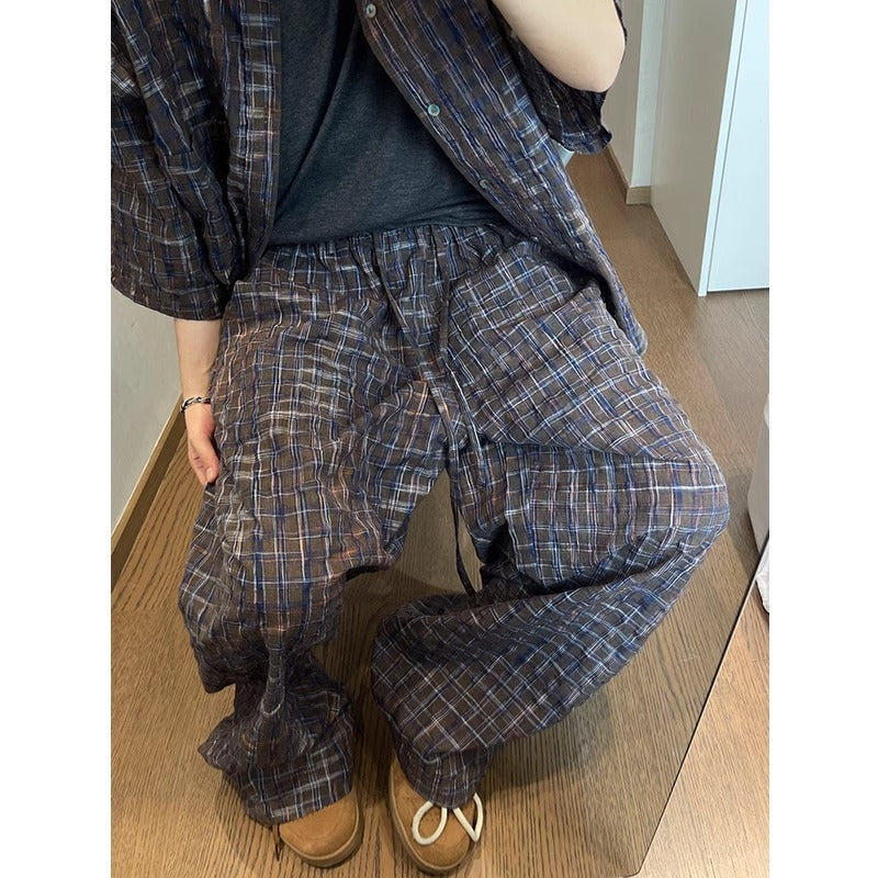 Retro Easy Matching Gradient Color Painted Bubble Plaid Casual Pants