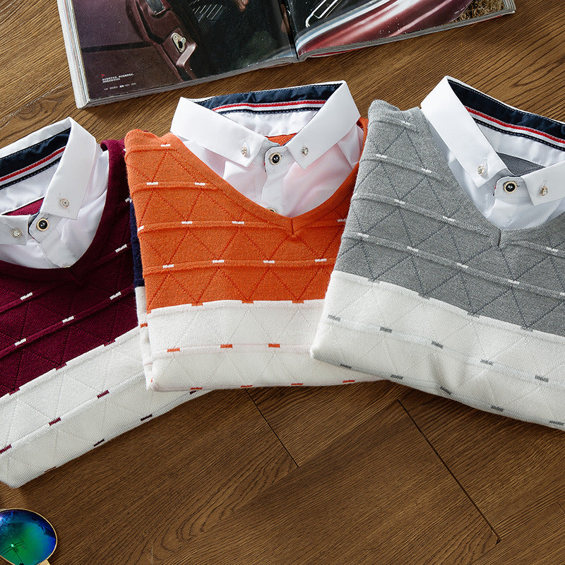 Men's Knitted Sweater Fake Two-piece Shirt Collar Sweater Men