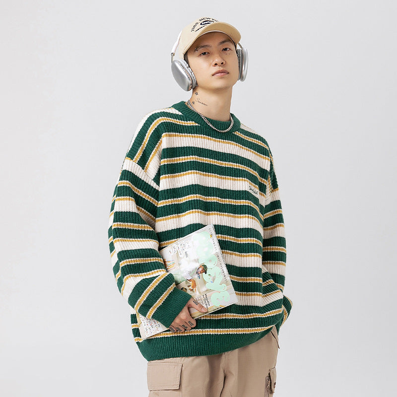 Striped Heavy Thick Needle Sweater Men's Couple Retro Contrast Color Japanese Style