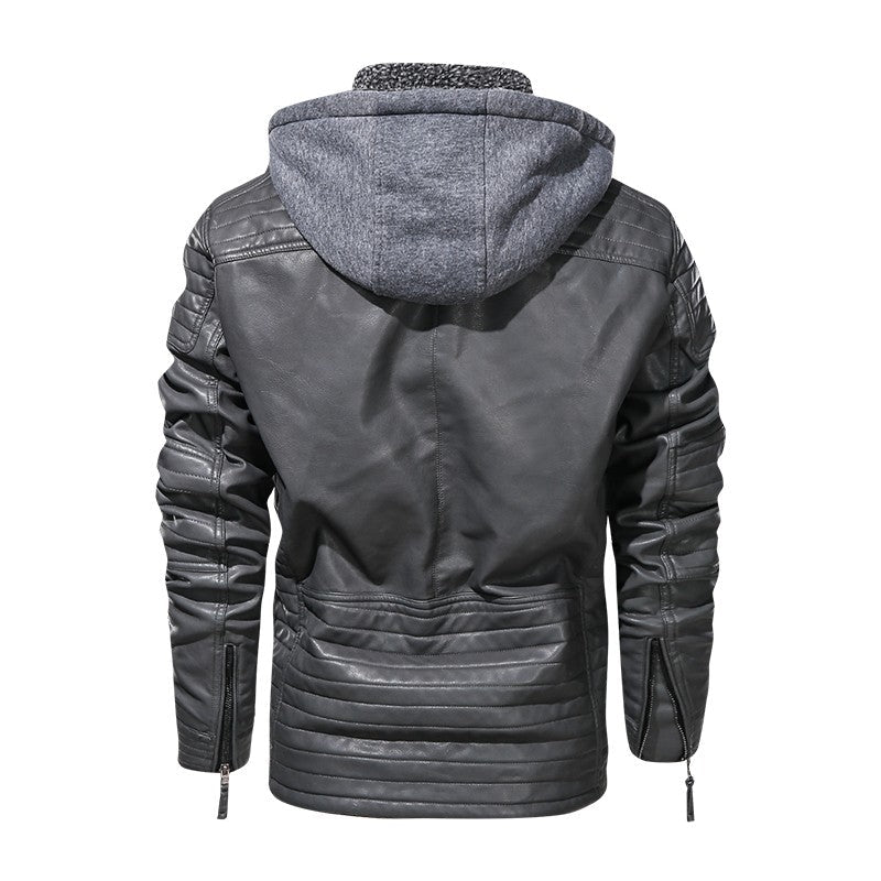 Men's PU Hooded Cotton Addition Leather Jacket Coat