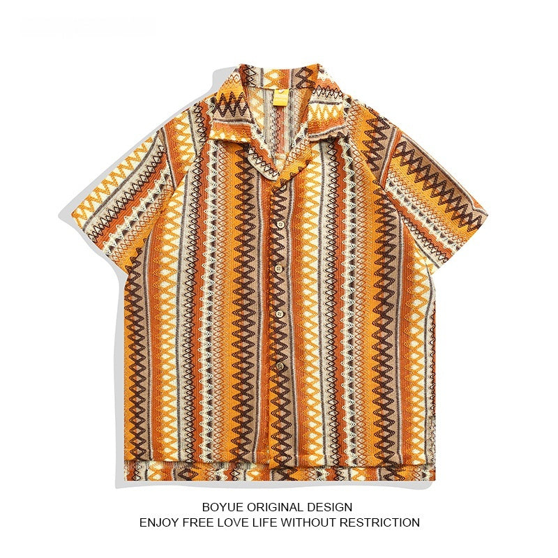 Ethnic Style Woven Contrast Color Cuban Collar Shirt