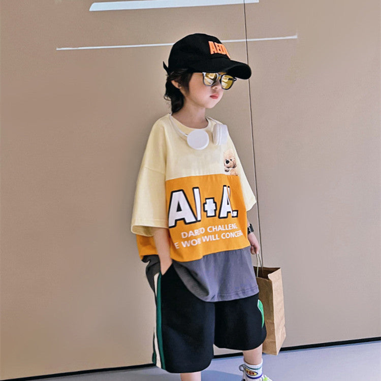 Children's Hip Hop Loose Contrast Color Cartoon Print Half Sleeve Top