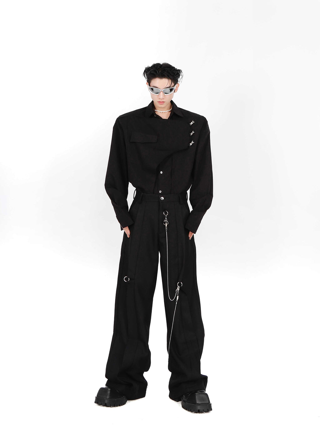 Double-layer Design Metal Embellished Long Sleeve Padded Shoulder Shirt