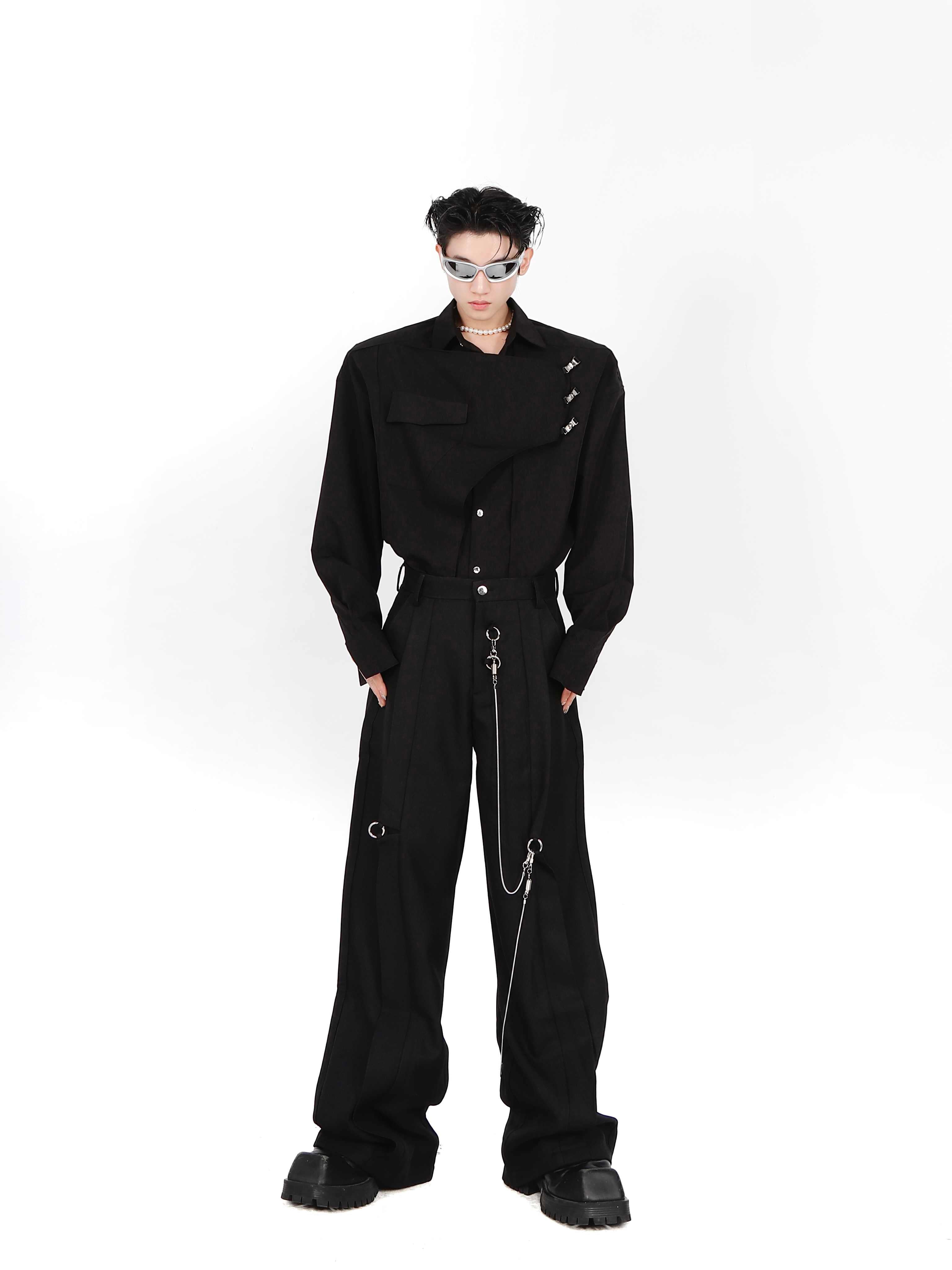 Double-layer Design Metal Embellished Long Sleeve Padded Shoulder Shirt