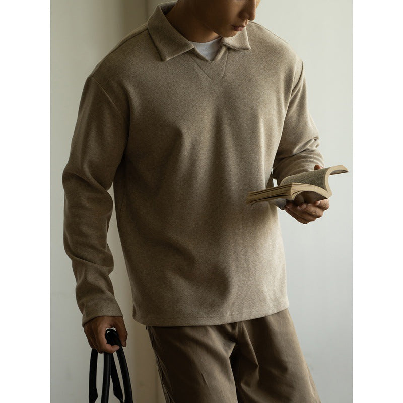 Woolen Drop-shoulder Sleeve V-neck Polo Shirt Men Casual Long Sleeve T-shirt
