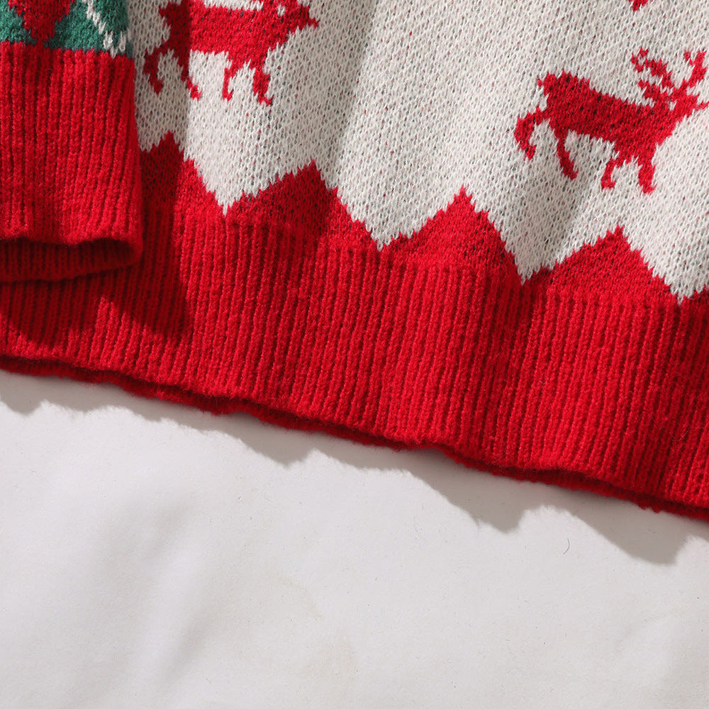 Long Sleeve Rhombus Plaid Deer Knitted Sweater