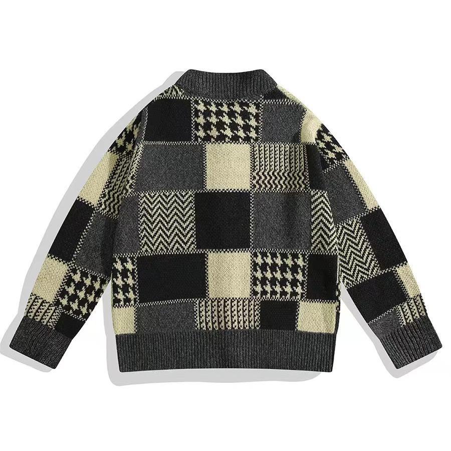 Autumn And Winter Color Matching Plaid Cardigan Knitted Sweater Men