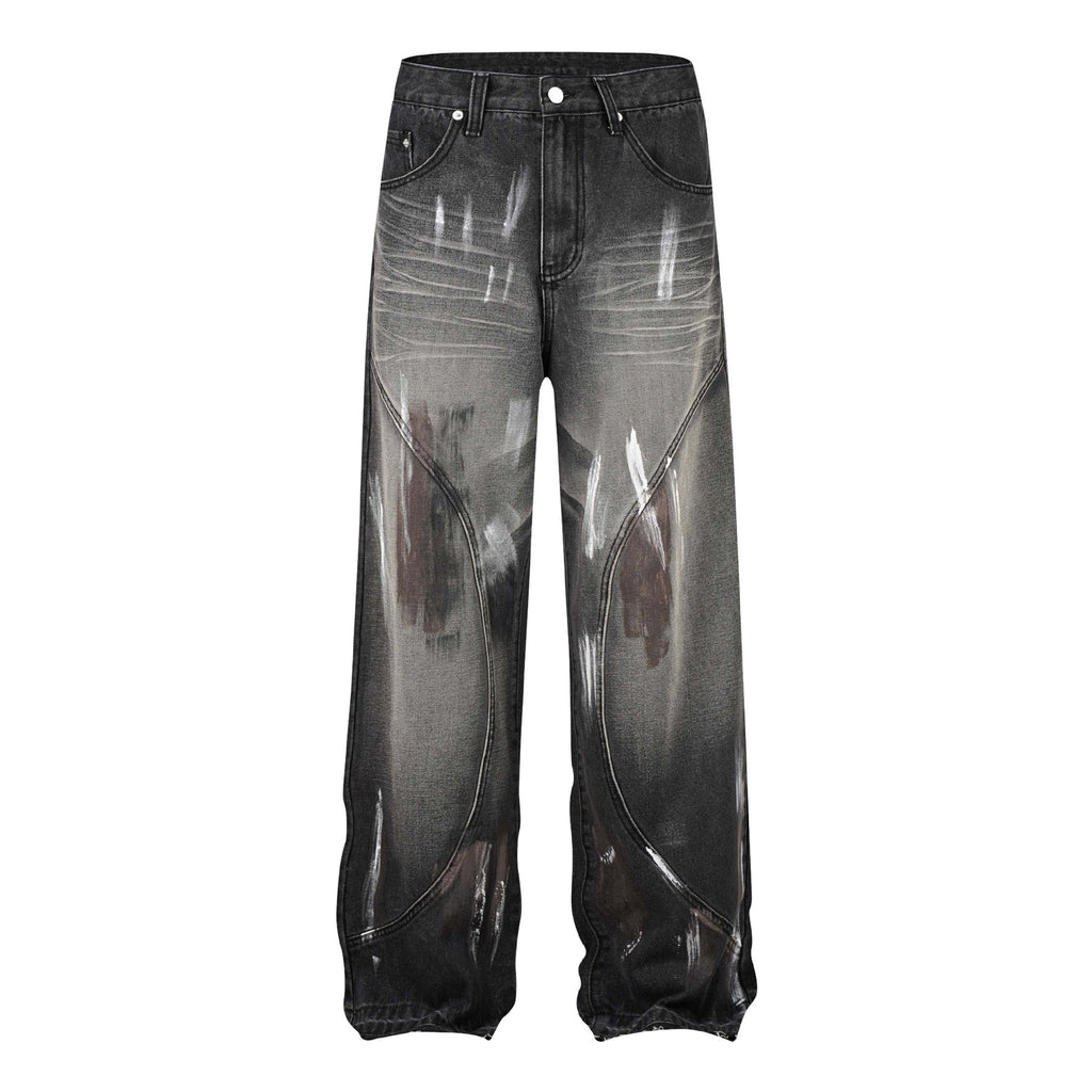 Retro Washed Distressed Graffiti Stitching Jeans Wide-leg Straight Trousers