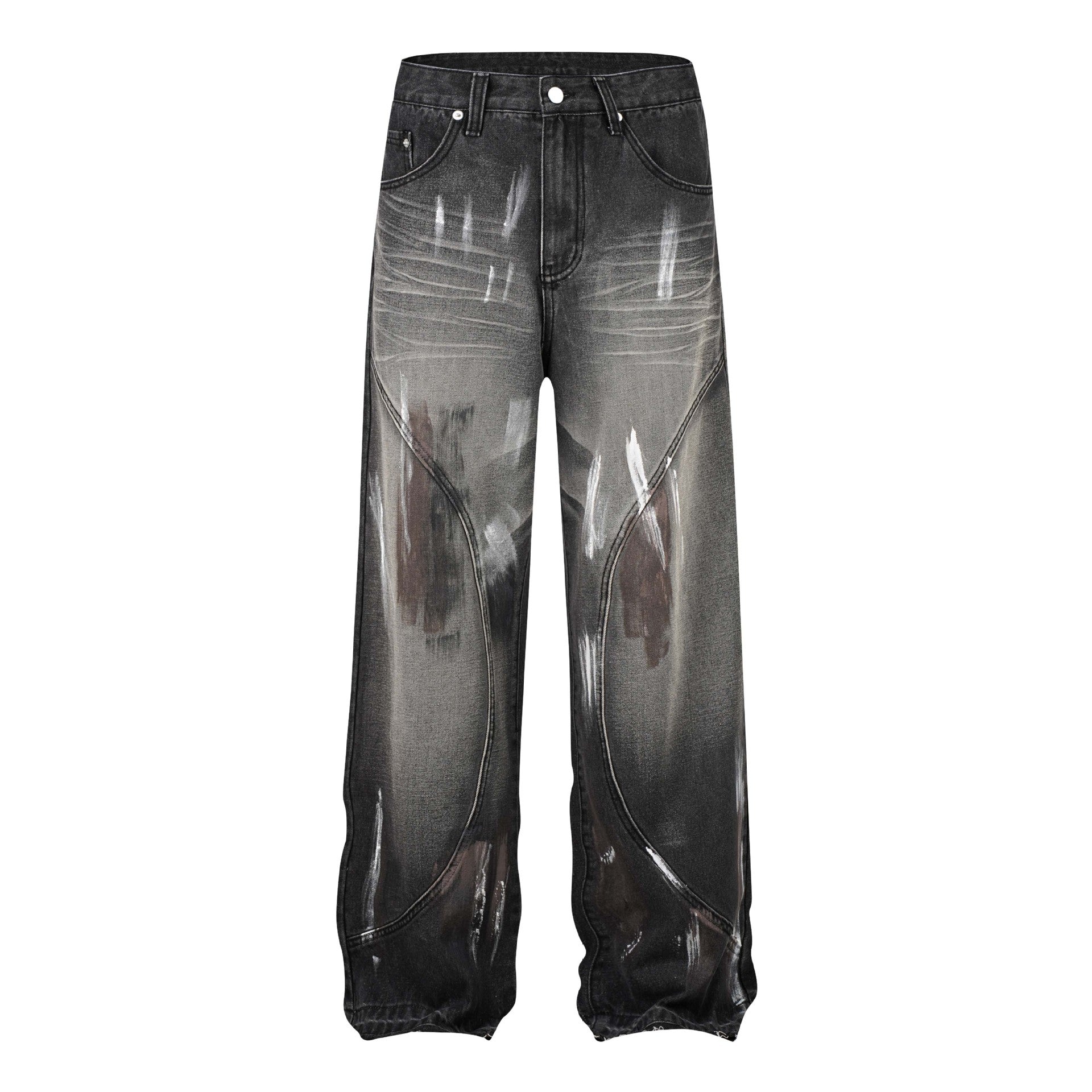 Retro Washed Distressed Graffiti Stitching Jeans Wide-leg Straight Trousers