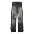 Retro Washed Distressed Graffiti Stitching Jeans Wide-leg Straight Trousers