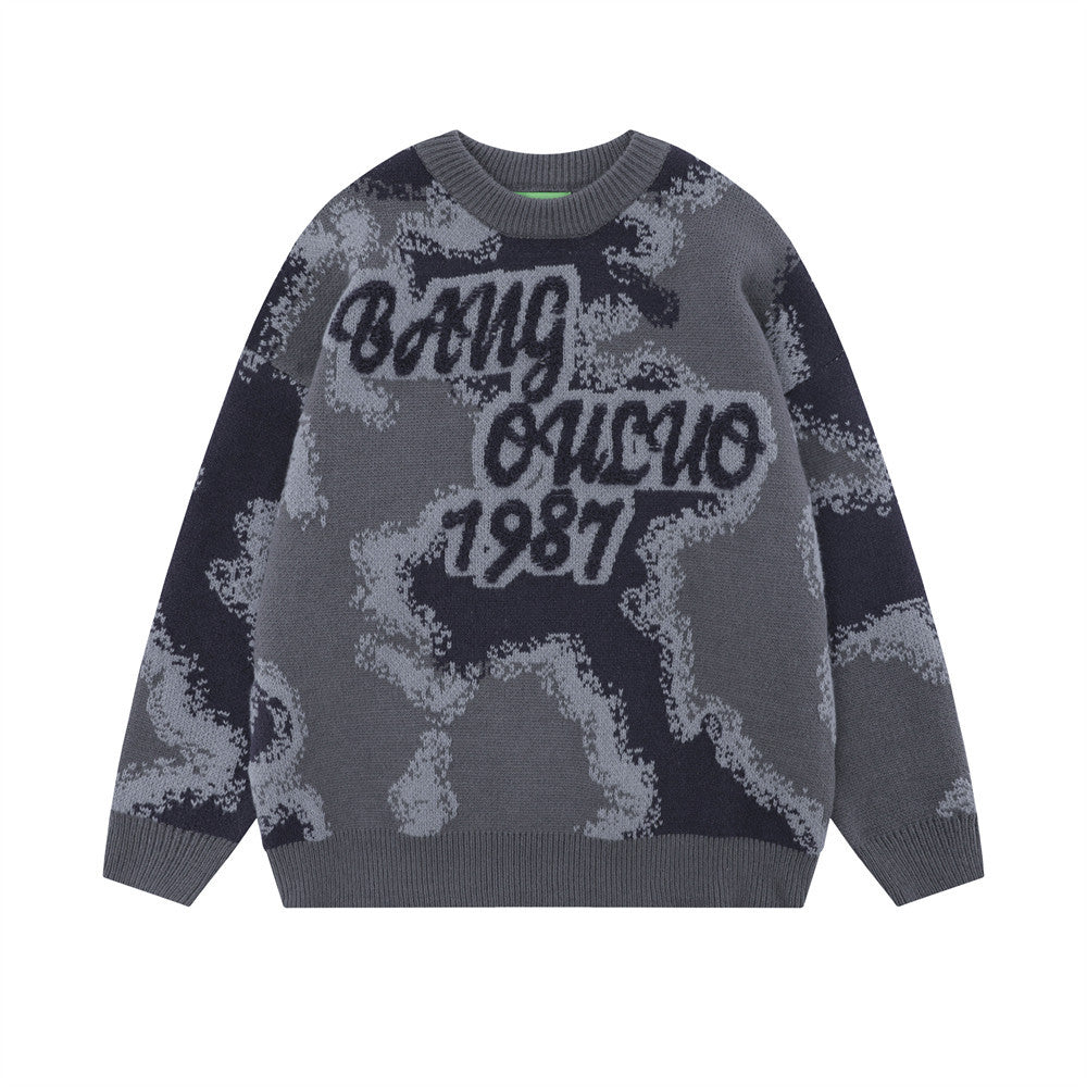 Men's Loose Contrast Color Flocking Letter Pullover Sweater