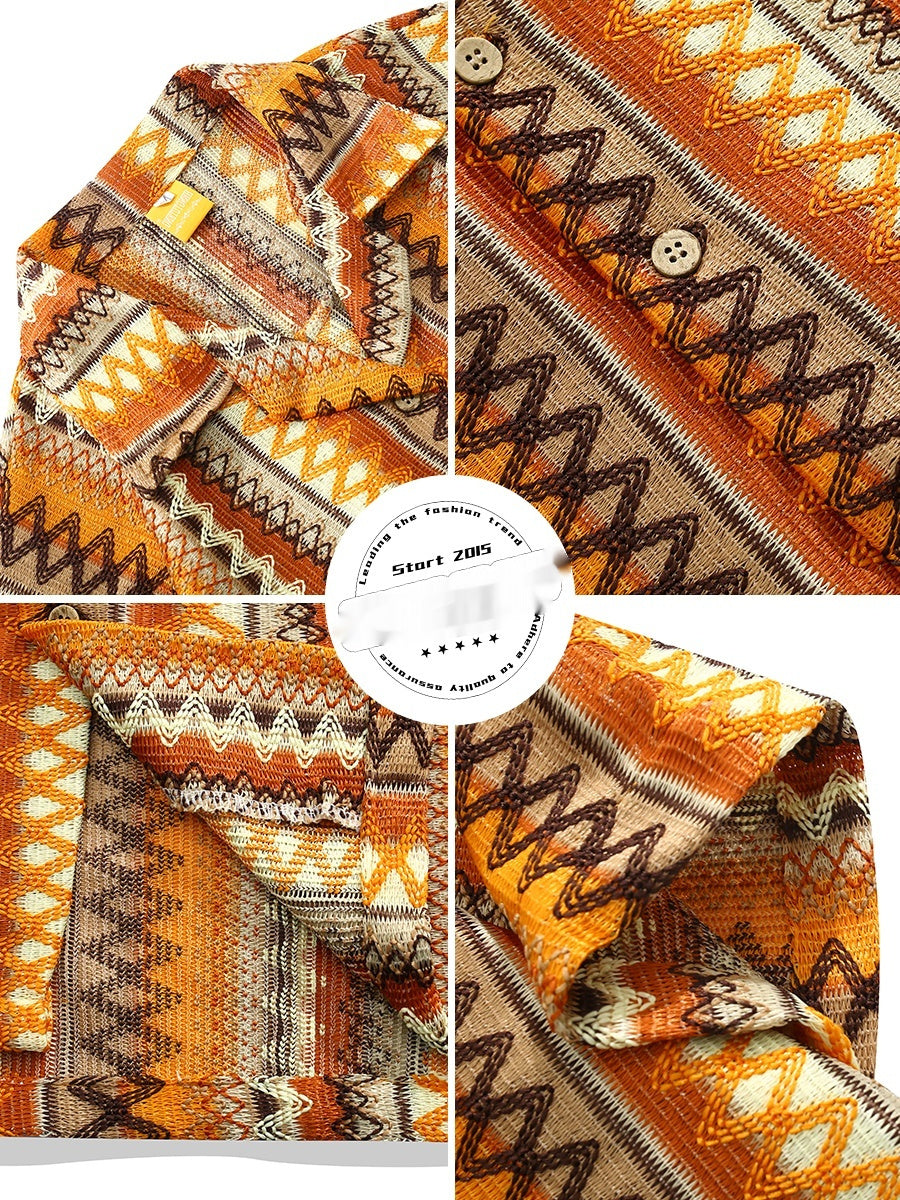Ethnic Style Woven Contrast Color Cuban Collar Shirt