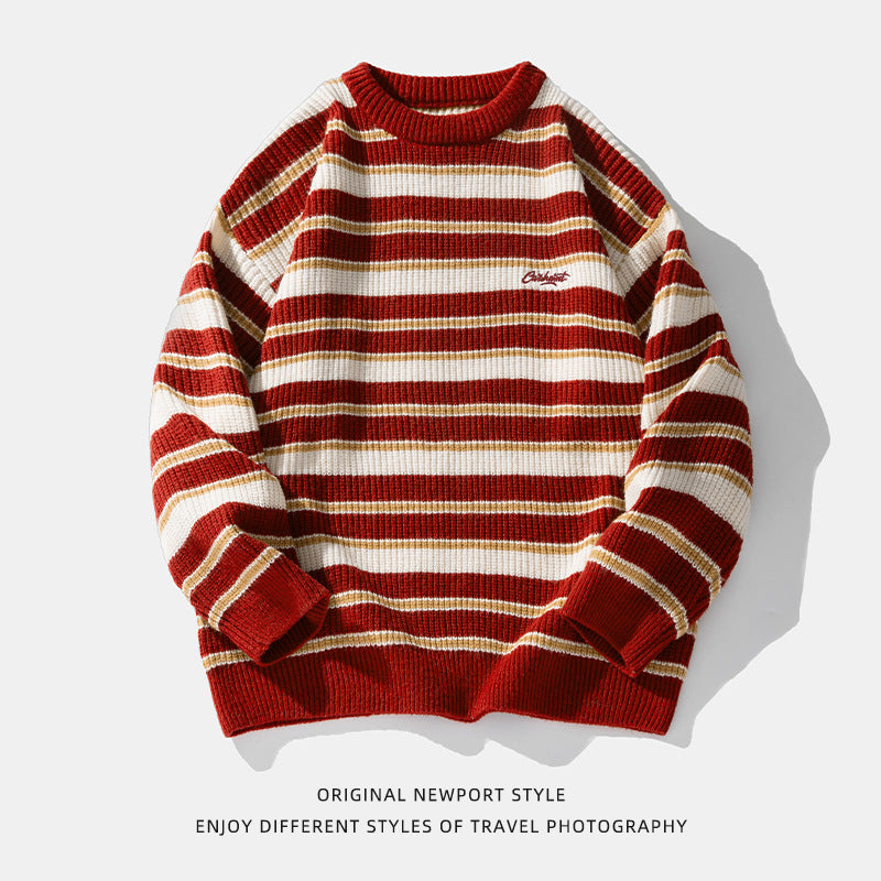Striped Heavy Thick Needle Sweater Men's Couple Retro Contrast Color Japanese Style