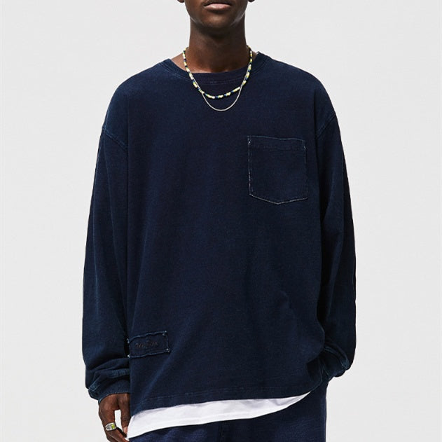 Men's Blue Dyed Knitted Denim Long Sleeve T-shirt Pocket Decoration Wash Water Top