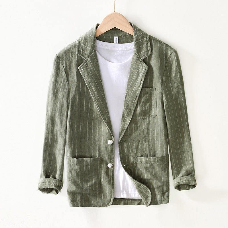 Spring And Autumn Vintage Stripe Loose Ramie Suit