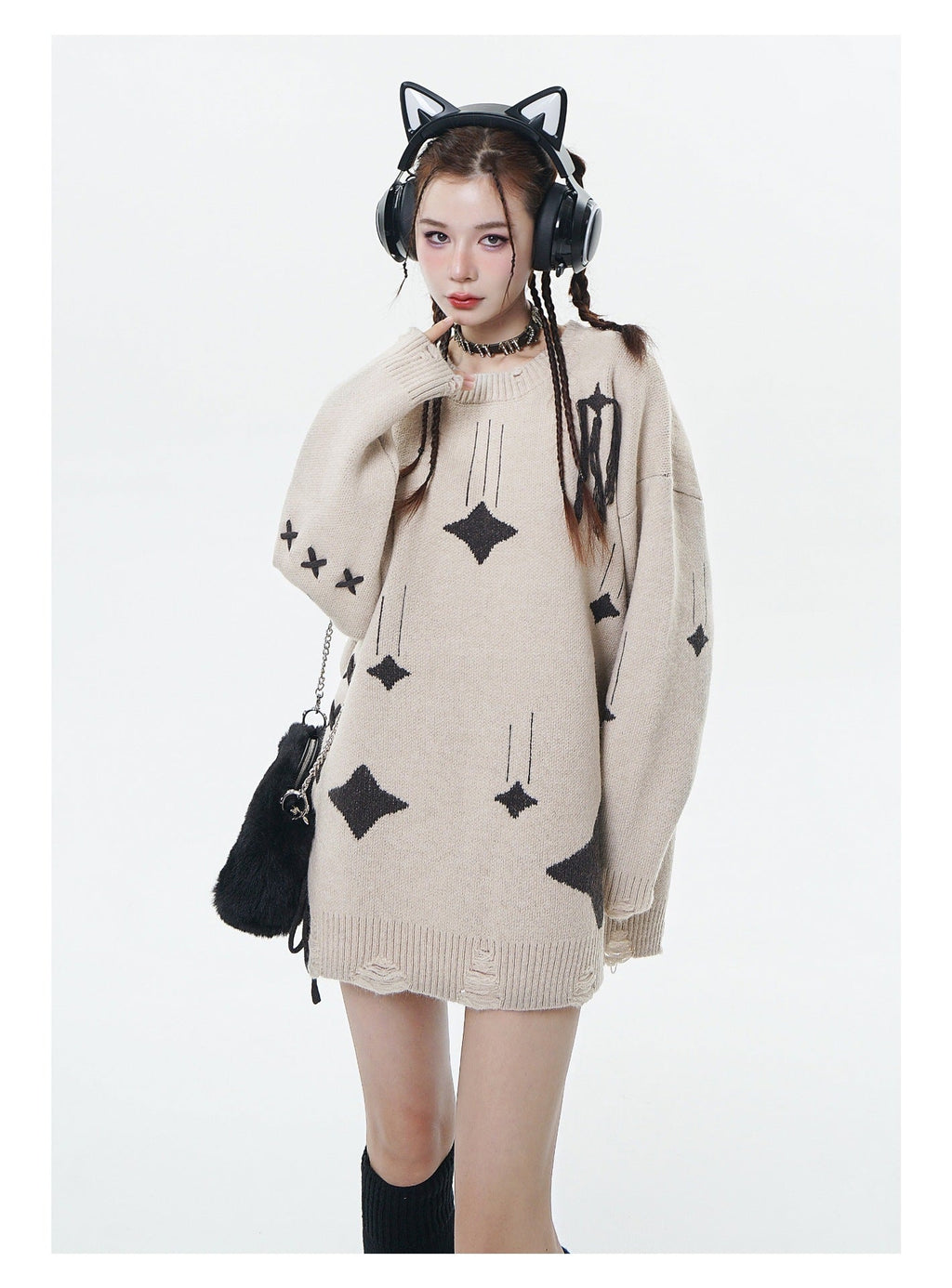 Lace Loose Round Neck Knitted Ripped Sweater
