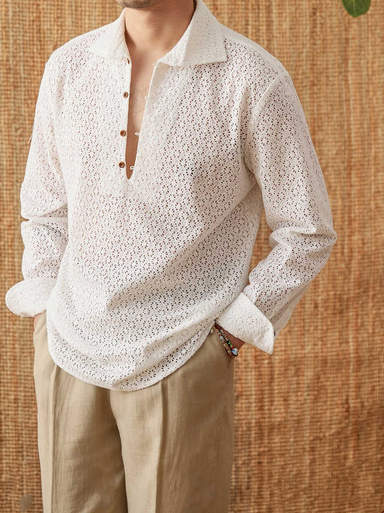 Open Collar Hollow Breathable Casual Long-sleeved Shirt