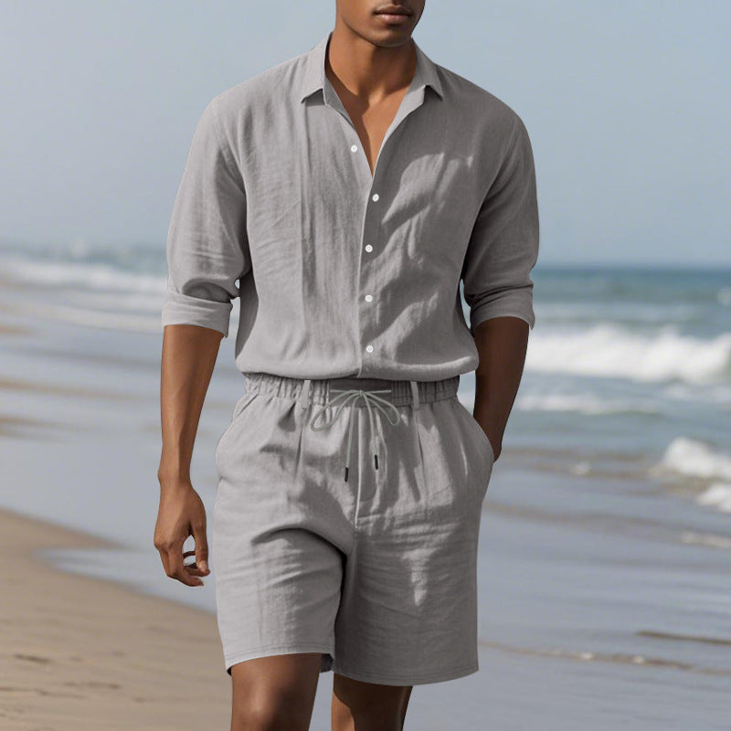 Long Sleeve Shirt Casual Shorts Beach Suit