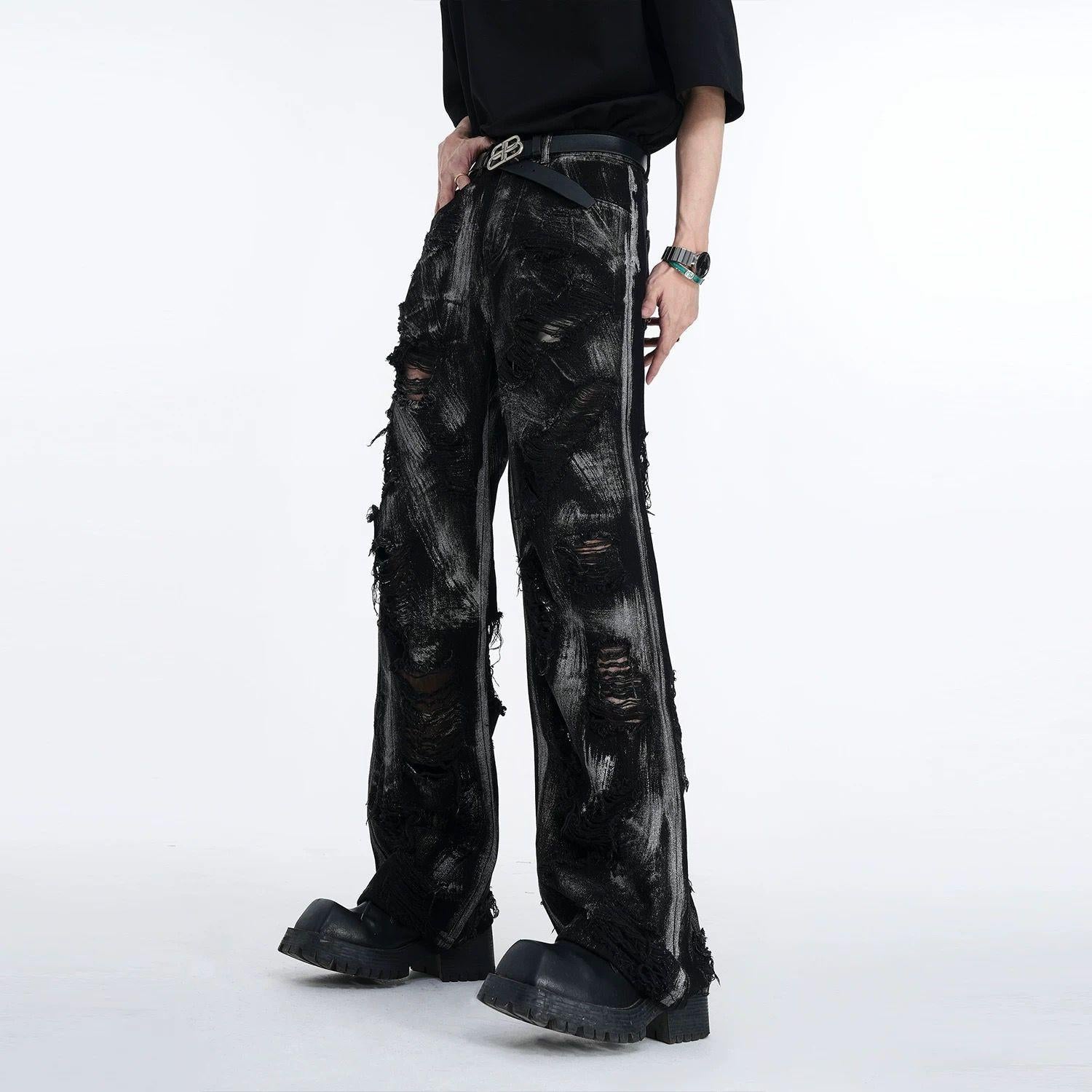 American Style High Street Wasteland Style Heavyweight Washed Graffiti Men's Long Pants Jacket