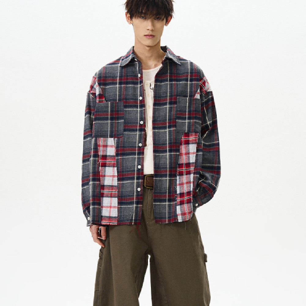 Retro Distressed Patchwork Checkered Long Sleeved Shirt For Men And Women
