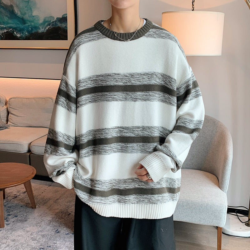 Striped Sweater New Round Neck Tide Lazy Hong Kong Style Sweater Jacket Men