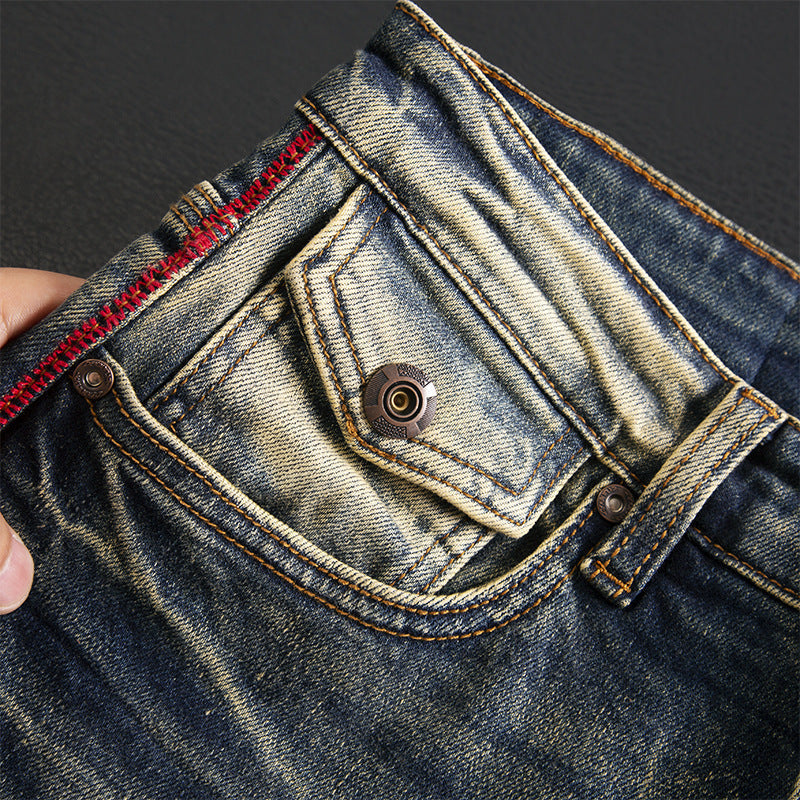 Men's American Retro Nostalgic Washed Slim-fitting Small Straight Stretch Pu Handsome Autumn And Winter Fashion