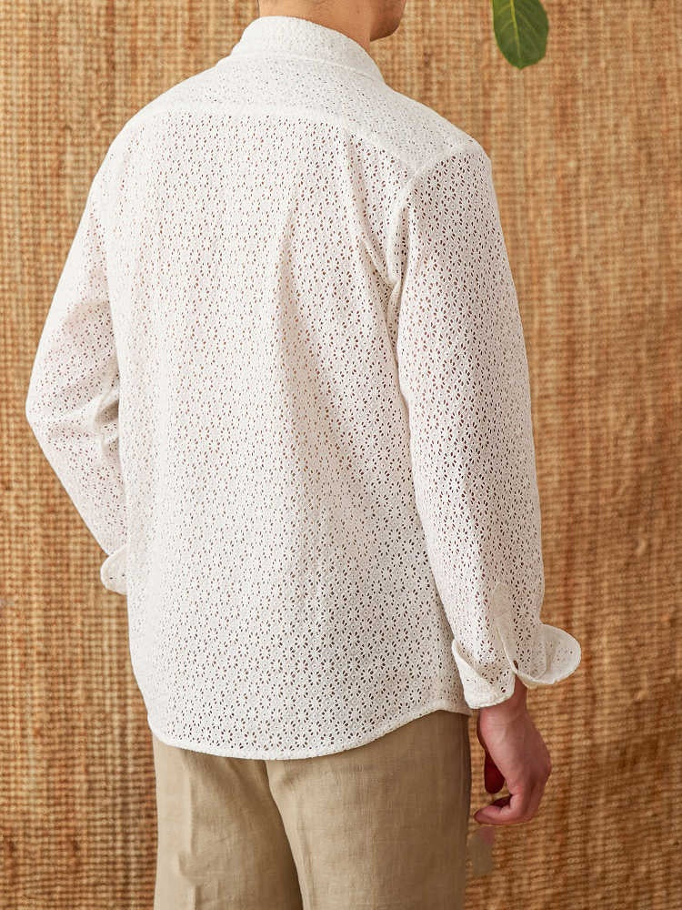 Open Collar Hollow Breathable Casual Long-sleeved Shirt
