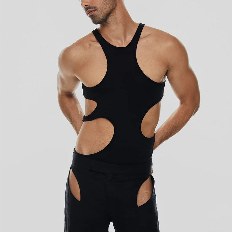 Personalized Sling Double-shoulder Strap Hollow Knitted Vest Stretch Slim Men