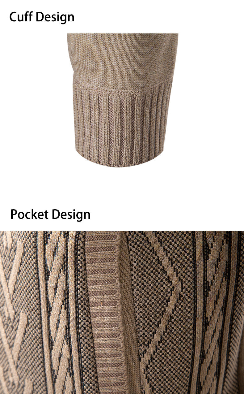 Casual Stand-up Collar Sweater Fashion Jacquard Zip-up Knitted Cardigan Tops Men's Clothing
