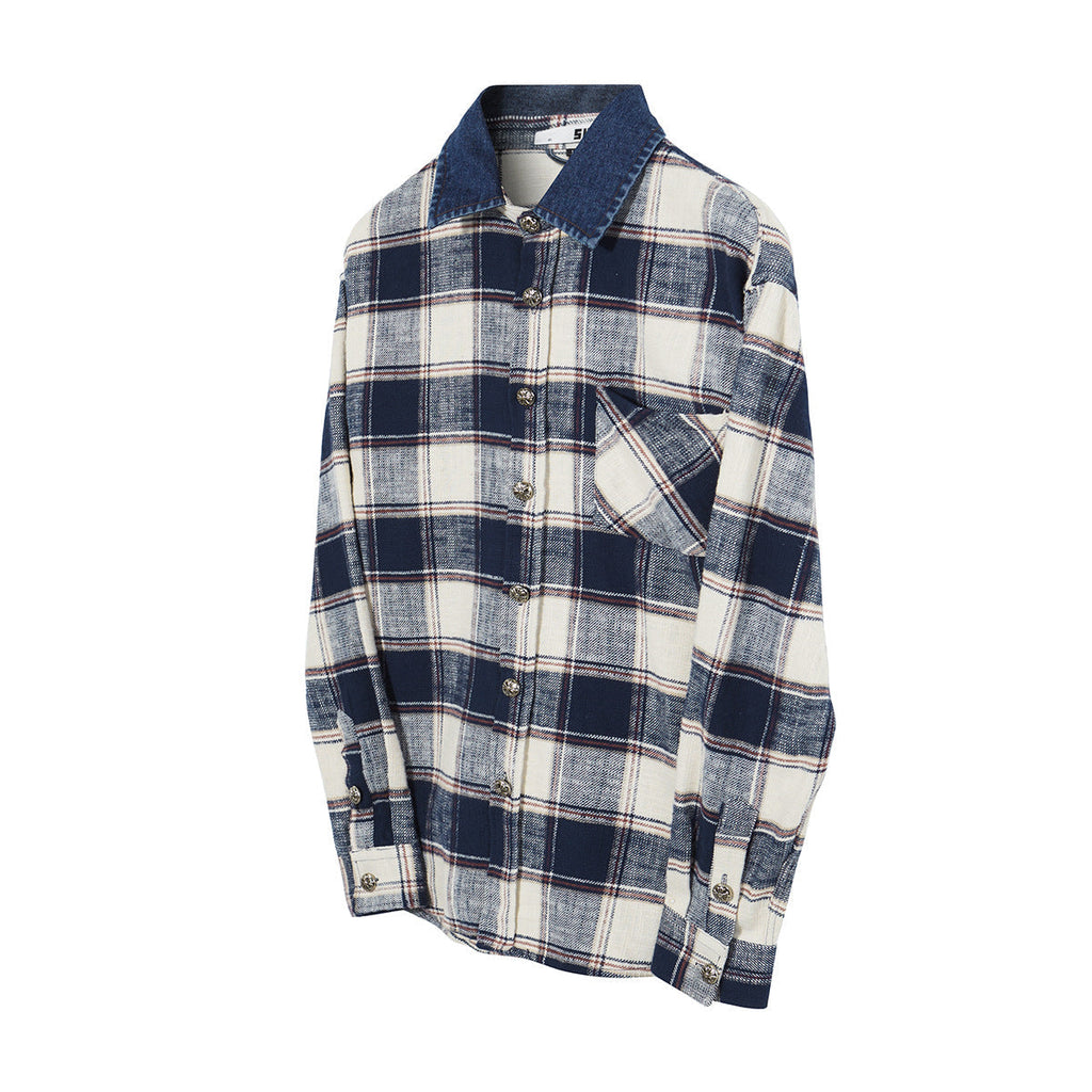 Men's Vintage Cross Button Denim Spliced Plaid Blouse Coat