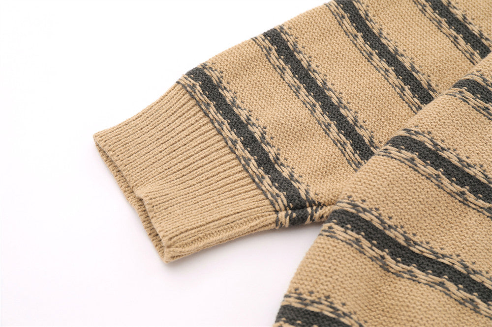 Crocheted Striped Lapel Sweater Men's European And American Loose