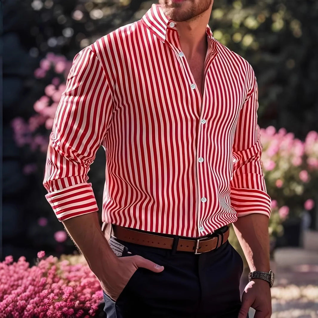 Ins Stripe Printed Long Sleeve Shirt Men