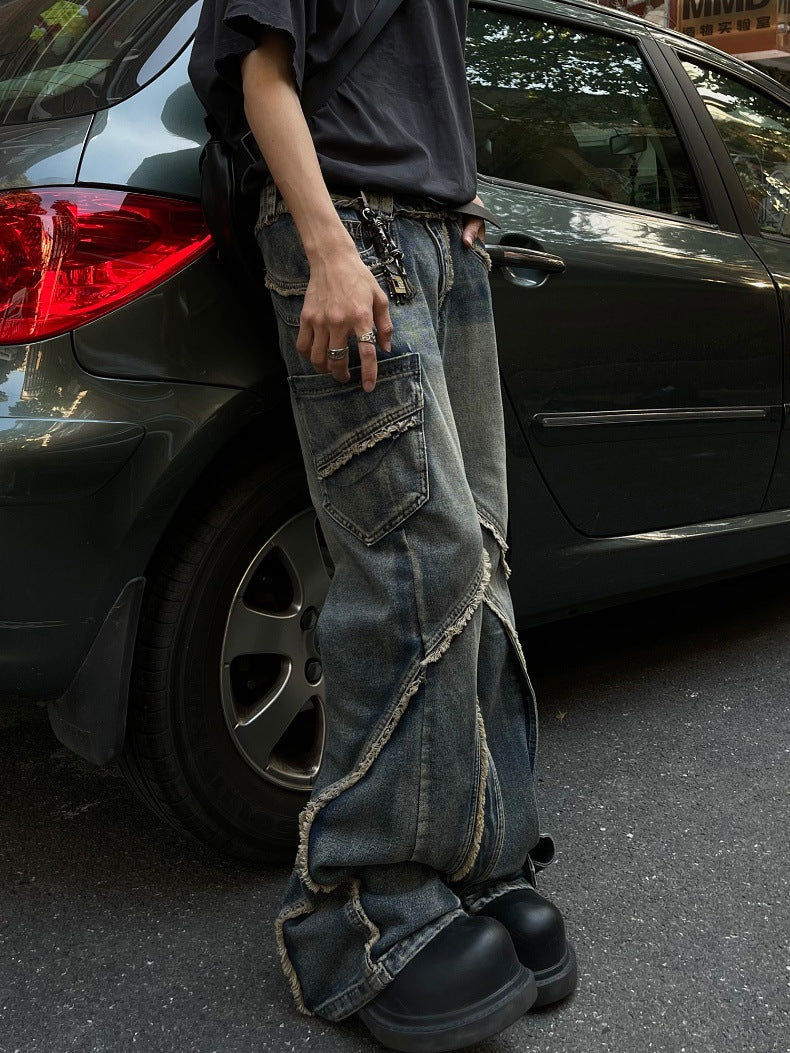 Stitching Edging Zipper Slightly Flared Jeans Loose Draggle-tail Trousers