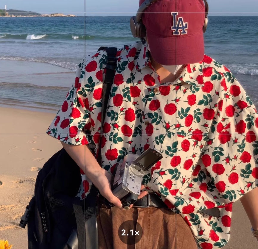 Summer Port Style Retro Rose-printed Short-sleeved Shirt