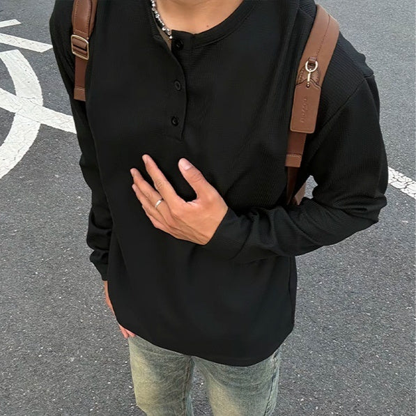 Black American Henry Collar Long-sleeved Men's Top