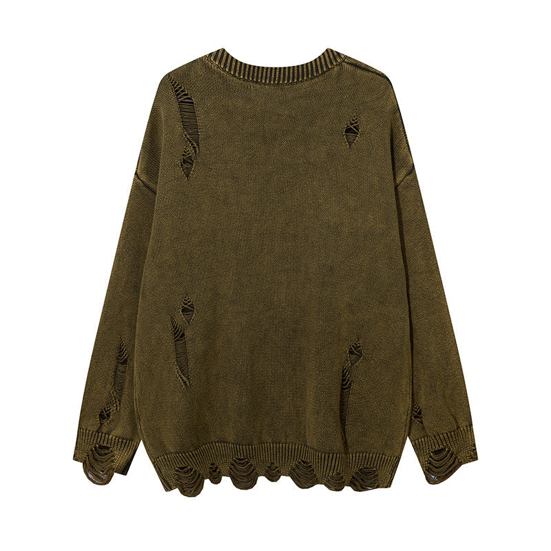 Heavy-duty Washed Make Old Ripped Round Neck Sweater