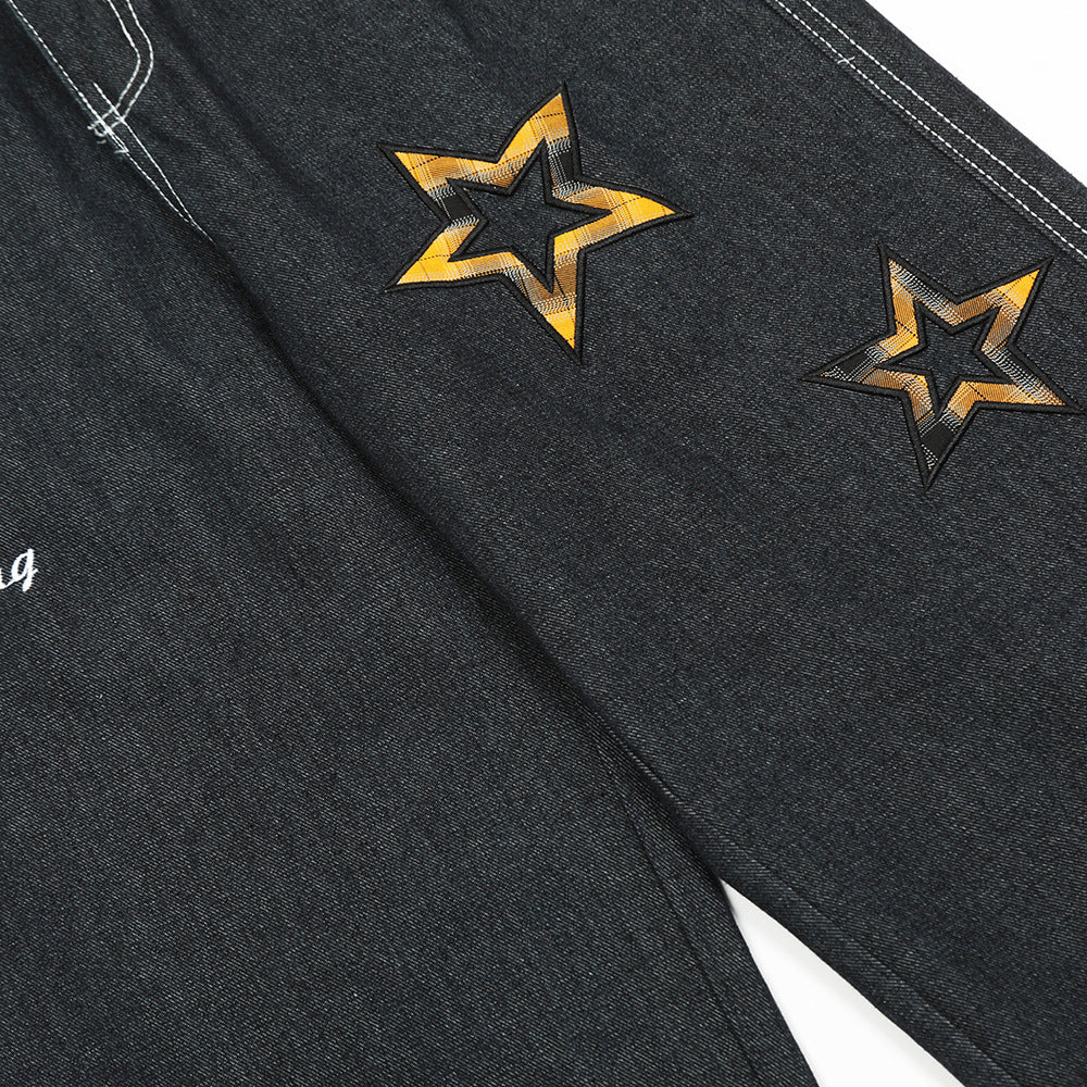 Design Five-pointed Star Affixed Cloth Embroidered Straight-leg Pants