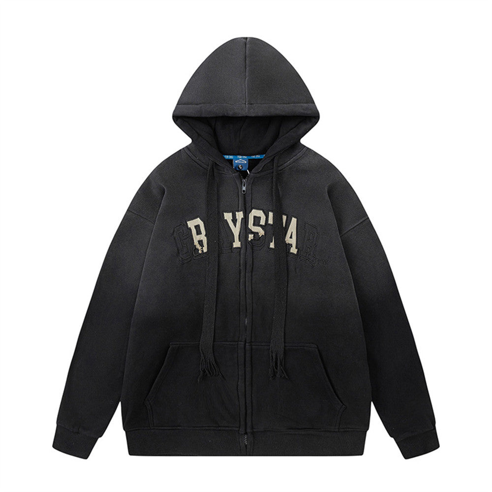 Gradient Paint Embroidery Letters Hooded Fleece Lined Sweater