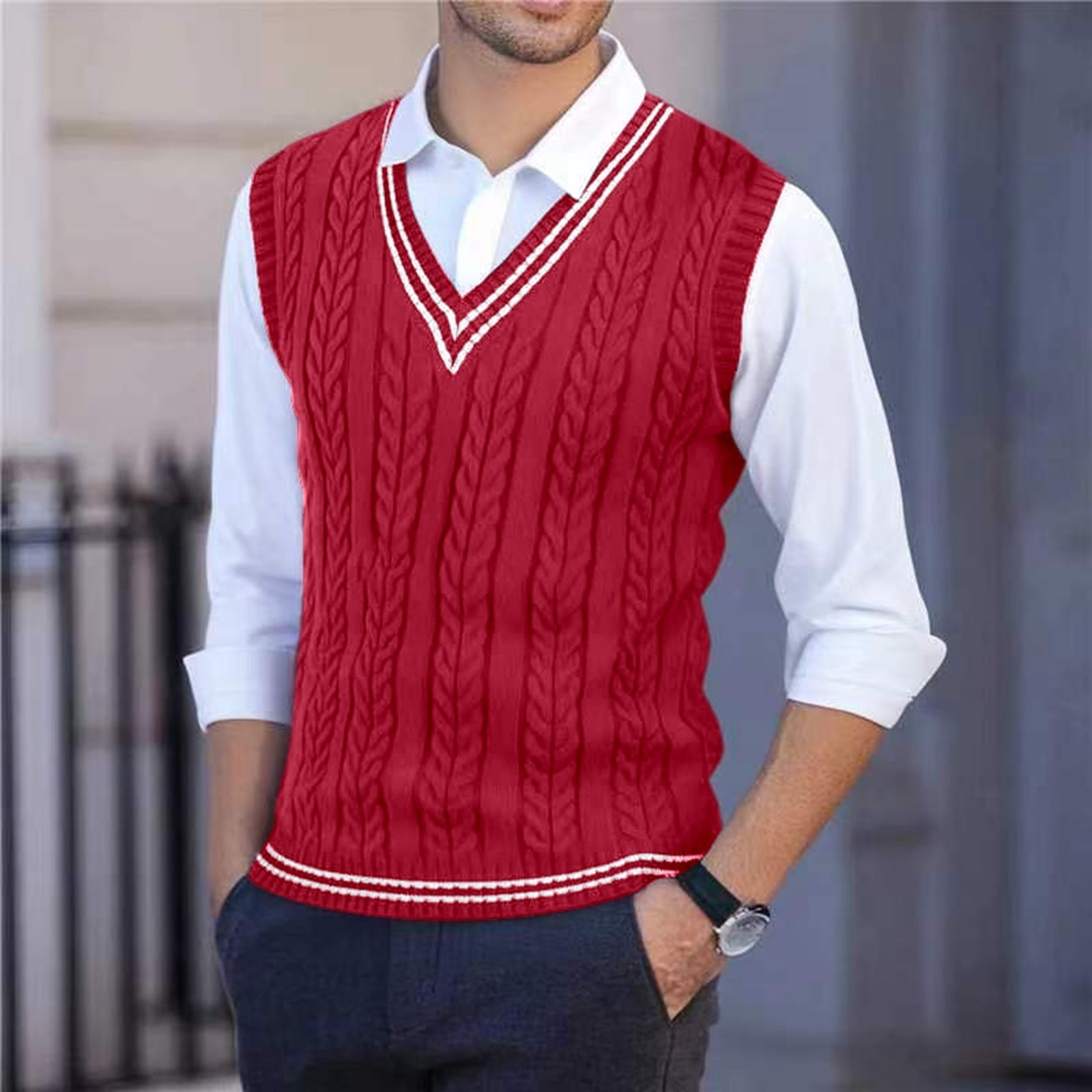 Men's V-neck Cabled Knit Vest