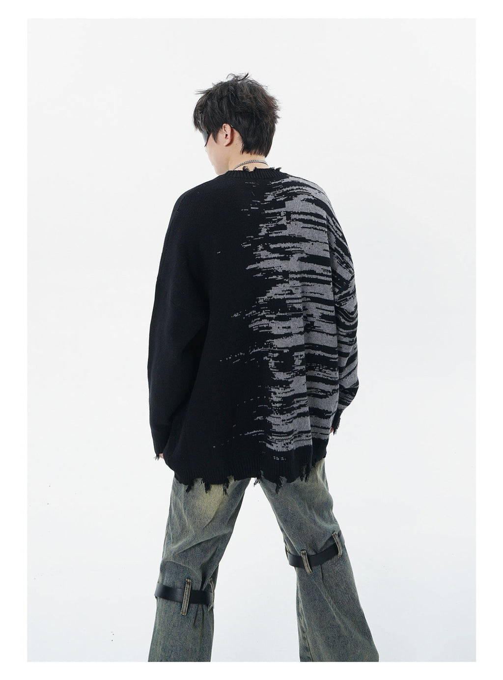 Zebra Pattern Color Matching Ripped Tassel Loose Round Neck Knitted Sweater