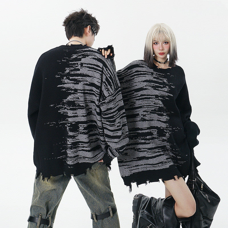 Zebra Pattern Color Matching Ripped Tassel Loose Round Neck Knitted Sweater
